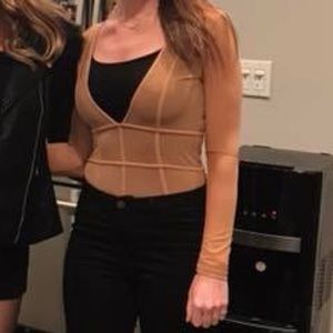 L/S Sheer Plunge V Neck Bodysuit Size M